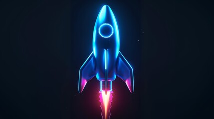 Wall Mural - Digital rockets launch into outer space. Boosting and taking off career concepts. Abstract spaceship in blue on a technological background. blue neon rocket illustration with 3D effect.