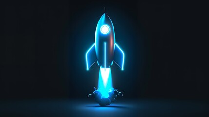 Wall Mural - Digital rockets launch into outer space. Boosting and taking off career concepts. Abstract spaceship in blue on a technological background. blue neon rocket illustration with 3D effect.