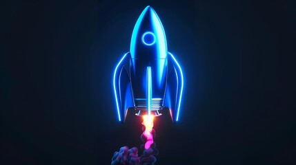 Wall Mural - Digital rockets launch into outer space. Boosting and taking off career concepts. Abstract spaceship in blue on a technological background. blue neon rocket illustration with 3D effect.