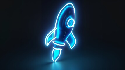 Wall Mural - Digital rockets launch into outer space. Boosting and taking off career concepts. Abstract spaceship in blue on a technological background. blue neon rocket illustration with 3D effect.