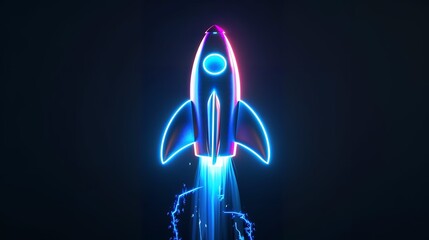 Wall Mural - Digital rockets launch into outer space. Boosting and taking off career concepts. Abstract spaceship in blue on a technological background. blue neon rocket illustration with 3D effect.