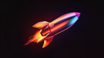 Wall Mural - 3d illustration rocket space colorful holographic in dark background for Business start up and science concept