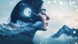 © PBMasterDesign - A serene portrait of a woman blended with ethereal mountains and a glowing moon, evoking dreams and tranquility.