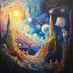 Wall Mural - A vibrant cosmic landscape filled with colorful celestial bodies, ethereal clouds, and towering rock formations. A journey through space.