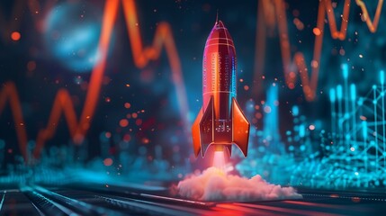 Wall Mural - Digital growth up and abstract colorful neon rocket launch on dark blue technology background. Glowing connected dots and lines. Boosting and Rapid growth concepts.