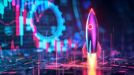 Wall Mural - Digital growth up and abstract colorful neon rocket launch on dark blue technology background. Glowing connected dots and lines. Boosting and Rapid growth concepts.