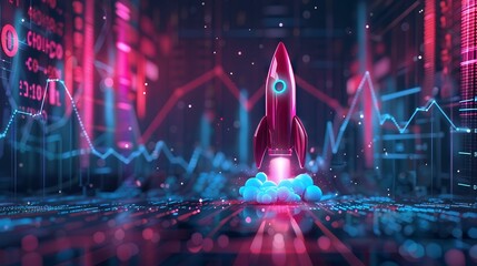 Wall Mural - Digital growth up and abstract colorful neon rocket launch on dark blue technology background. Glowing connected dots and lines. Boosting and Rapid growth concepts.