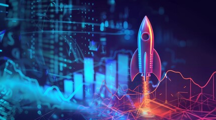 Wall Mural - Digital growth up and abstract colorful neon rocket launch on dark blue technology background. Glowing connected dots and lines. Boosting and Rapid growth concepts.