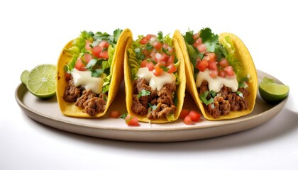 Wall Mural - Three Delicious Tacos with Ground Beef, Tomatoes, Lettuce, and Crema on a Plate with Lime Wedges