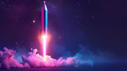 Wall Mural - 3d illustration rocket space colorful holographic in dark background for business start up and scien