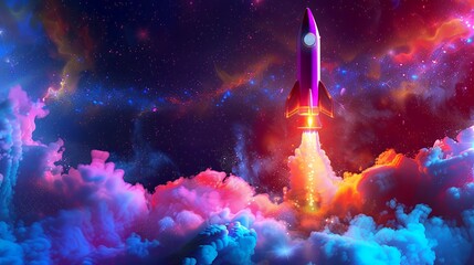 Wall Mural - 3d illustration rocket space colorful holographic in dark background for business start up and scien