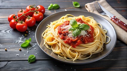 Wall Mural - Delicious spaghetti with tomato sauce and Parmesan cheese , Italian cuisine, pasta, noodles, gourmet