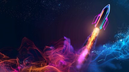 Wall Mural - 3d illustration rocket space colorful holographic in dark background for business start up and scien