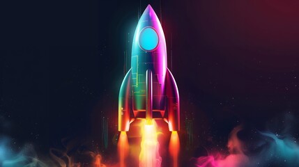 Wall Mural - 3d illustration rocket space colorful holographic in dark background for business start up and scien