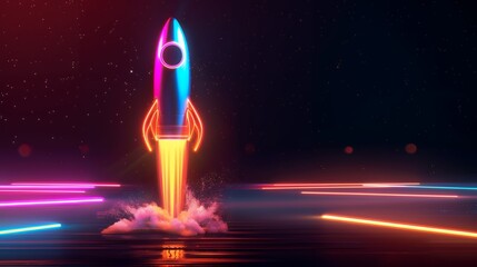 Wall Mural - 3d illustration rocket space colorful holographic in dark background for business start up and scien