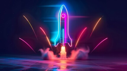Wall Mural - 3d illustration rocket space colorful holographic in dark background for business start up and scien