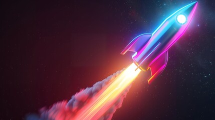 Wall Mural - 3d illustration rocket space colorful holographic in dark background for business start up and scien