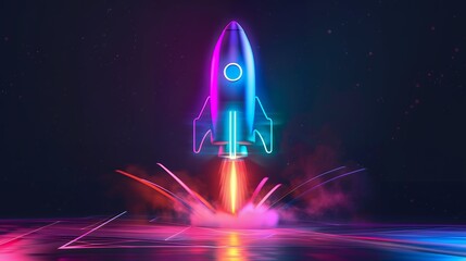 Wall Mural - 3d illustration rocket space colorful holographic in dark background for business start up and scien