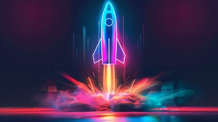 Wall Mural - 3d illustration rocket space colorful holographic in dark background for business start up and scien