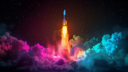 Wall Mural - 3d illustration rocket space colorful holographic in dark background for business start up and scien