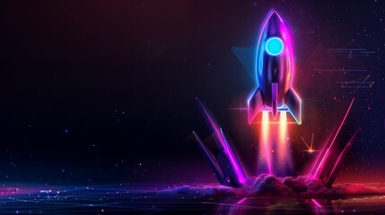 Wall Mural - 3d illustration rocket space colorful holographic in dark background for business start up and scien