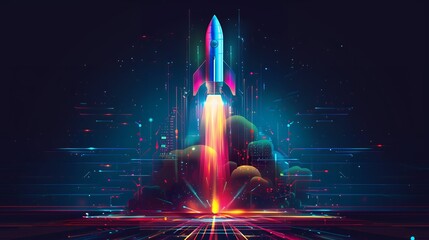 Wall Mural - 3d illustration rocket space colorful holographic in dark background for business start up and scien