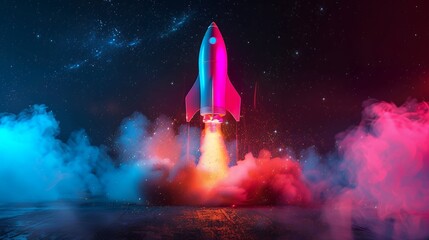 Wall Mural - 3d illustration rocket space colorful holographic in dark background for business start up and scien