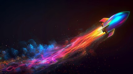 Wall Mural - 3d illustration rocket space colorful holographic in dark background for business start up and scien