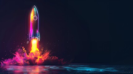 Wall Mural - 3d illustration rocket space colorful holographic in dark background for business start up and scien