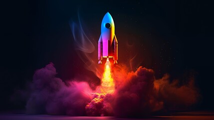 Wall Mural - 3d illustration rocket space colorful holographic in dark background for business start up and scien
