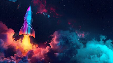 Wall Mural - 3d illustration rocket space colorful holographic in dark background for business start up and scien