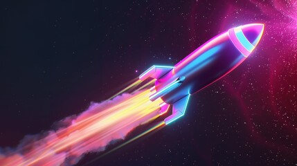 Wall Mural - 3d illustration rocket space colorful holographic in dark background for business start up and scien