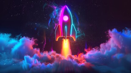 Wall Mural - 3d illustration rocket space colorful holographic in dark background for business start up and scien