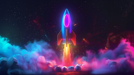 Wall Mural - 3d illustration rocket space colorful holographic in dark background for business start up and scien