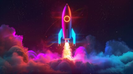 Wall Mural - 3d illustration rocket space colorful holographic in dark background for business start up and scien