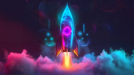 Wall Mural - 3d illustration rocket space colorful holographic in dark background for business start up and scien