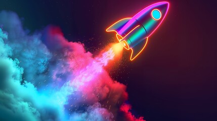 Wall Mural - 3d illustration rocket space colorful holographic in dark background for business start up and scien