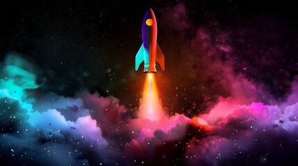 Wall Mural - 3d illustration rocket space colorful holographic in dark background for business start up and scien