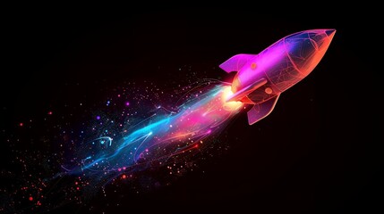 Wall Mural - 3d illustration rocket space colorful holographic in dark background for business start up and scien