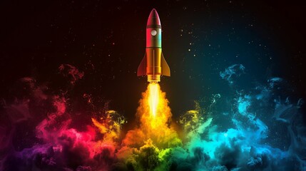Wall Mural - 3d illustration rocket space colorful holographic in dark background for business start up and scien
