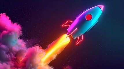 Wall Mural - 3d illustration rocket space colorful holographic in dark background for business start up and scien