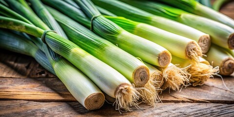 Close-up of raw green organic leeks ready to chop, vegetables, leeks, organic, fresh, healthy, cooking, ingredient, natural