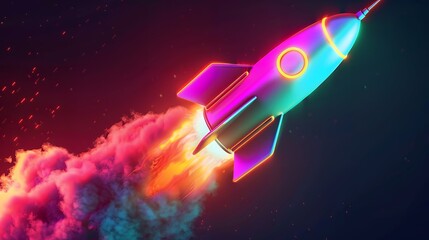 Wall Mural - 3d illustration rocket space colorful holographic in dark background for business start up and scien