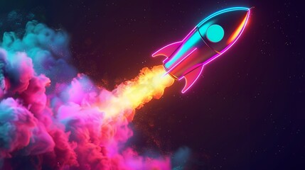 Wall Mural - 3d illustration rocket space colorful holographic in dark background for business start up and scien