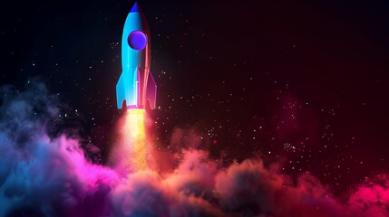 Wall Mural - 3d illustration rocket space colorful holographic in dark background for business start up and scien