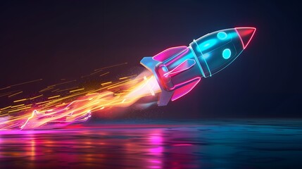 Wall Mural - 3d illustration rocket space colorful holographic in dark background for business start up and scien