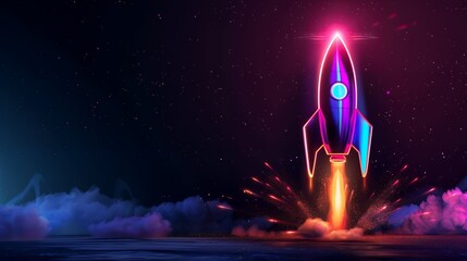 Wall Mural - 3d illustration rocket space colorful holographic in dark background for business start up and scien