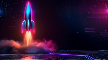 Wall Mural - 3d illustration rocket space colorful holographic in dark background for business start up and scien