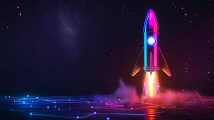 Wall Mural - 3d illustration rocket space colorful holographic in dark background for business start up and scien