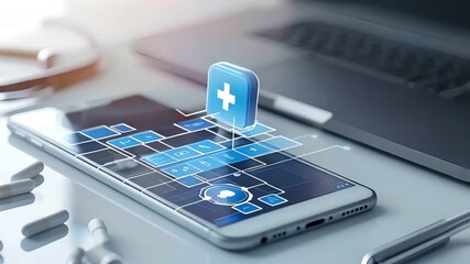 healthcare app shown on a smartphone screen with a futuristic interface